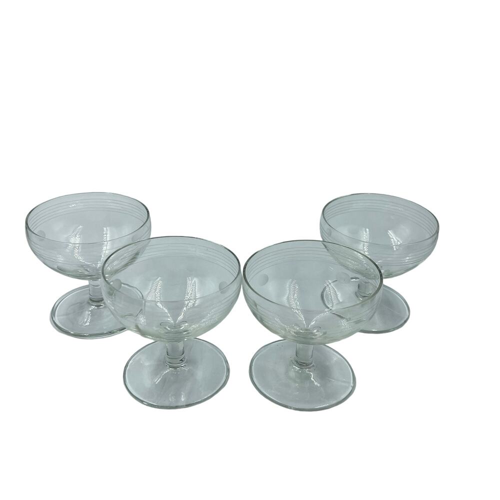 Vintage Crystal Frosted Etched Dot & Band Stem Champagne Cocktail Glasses